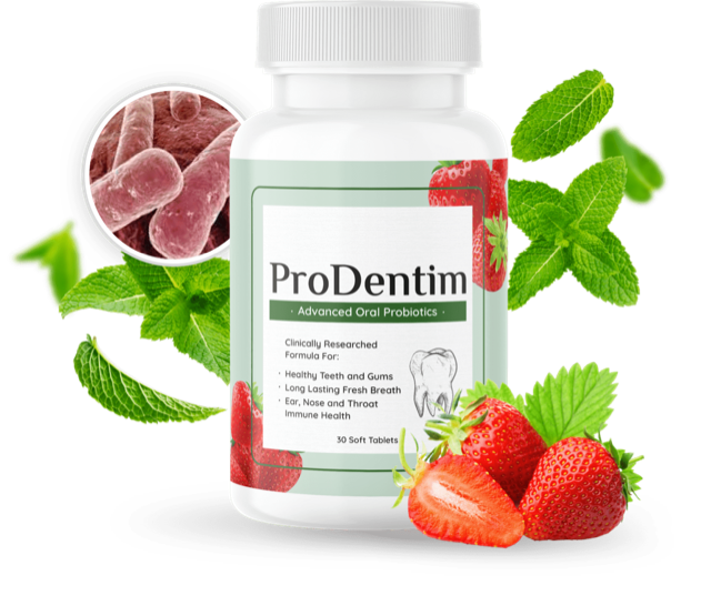 A bottle of ProDentim soft tablets with strawberries and peppermint leaves